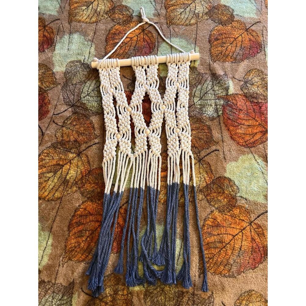 SOLDBoho Macrame Wall Hanging Art Tapestry | 12x32" Blue & Neutral Cotton Fringe